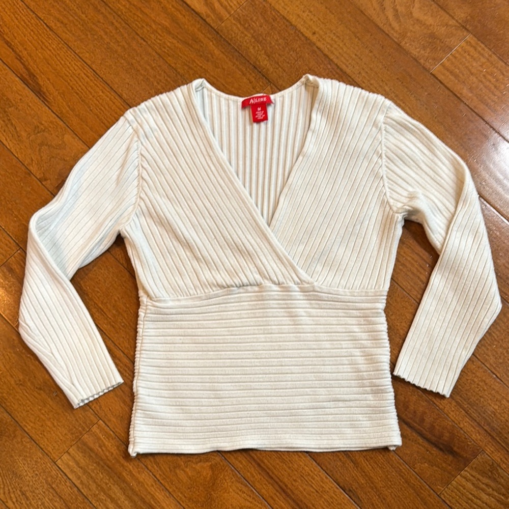 White Wrap Ribbed Blouse with 3/4 Sleeves
